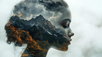 Double exposure of a woman's head with mountains in the background