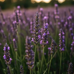 Obraz premium Beautiful purple flower spikes of lavender bathed in golden summer light, suggesting calm relaxation and natural fragrance ,aromatic ,lavandula ,nature