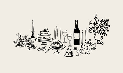 Minimalist hand drawn food and drink vector illustration. Wine, champagne glass, cheese, cake drawings for wedding invitations, menus and parties. Ink doodle sketch style © ka_lou
