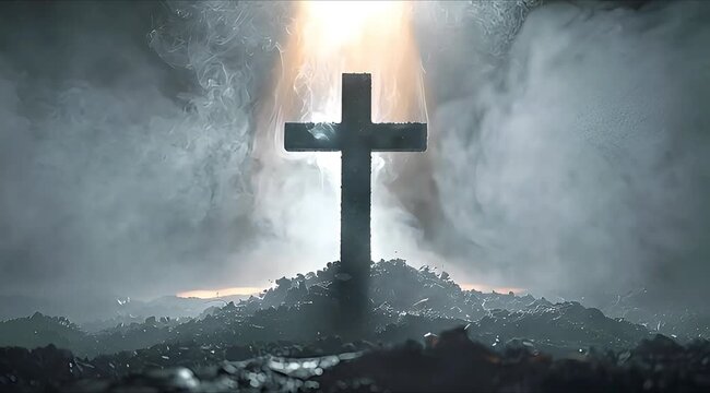 A dramatic black cross standing in thick white smoke with divine light for Ash Wednesday reflection