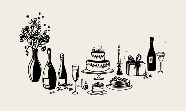 Minimalist hand drawn food and drink vector illustration. Wine, champagne glass, cheese, cake drawings for wedding invitations, menus and parties. Ink doodle sketch style