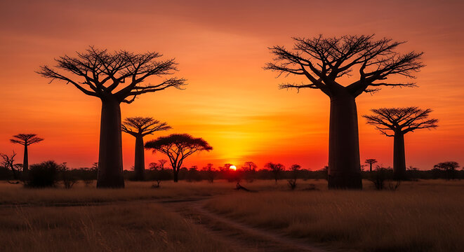 Baobab trees silhouetted against vibrant orange african sunset with dirt road