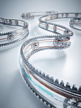 illustration showing a complex network of interlocking digital gears and mechanical cogs. Binary code and script lines weave through the gears symbolizing autonomous AI systems. Clean white 