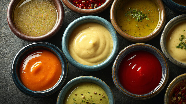 A variety of colorful sauces and condiments in small bowls