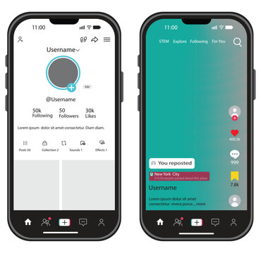 Tiktok. Tik tok mobile App interface template on Apple Iphone mockup. Homepage, loading, recommendations, subscription, profile. Tiktok mockup social media template. Social network interface template 