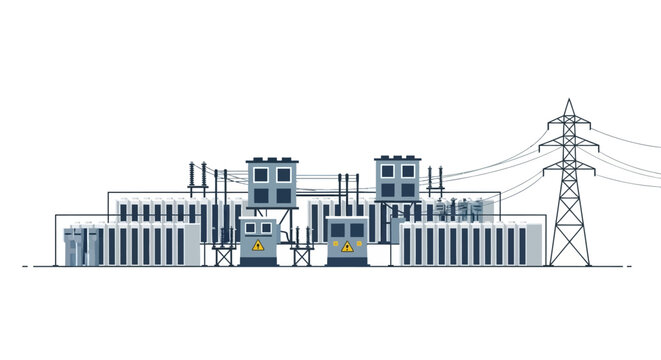 Illustration of a large electrical substation with multiple transformers and power lines, showcasing industrial infrastructure.