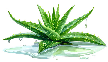 Vibrant illustration of a aloe vera plant with dripping gel, isolated on black