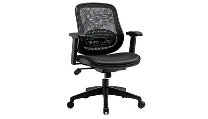 Sleek black ergonomic office chair with mesh back, leather seat, and adjustable arms