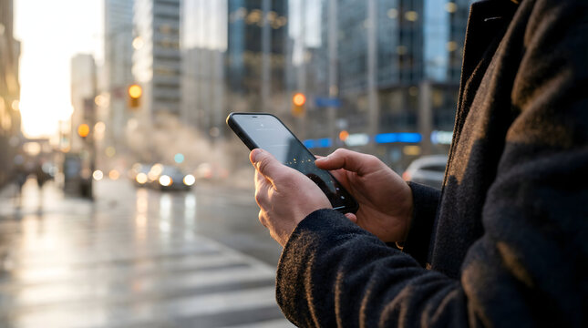Close up of male hands texting on smartphone in city at sunset