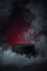 Dramatic spotlight on a black cylindrical platform amidst swirling smoke and a dark red backdrop