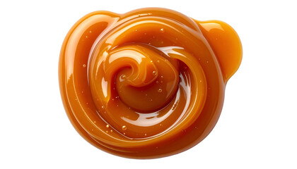 Swirled close-up of glossy, amber-colored caramel sauce, isolated on black