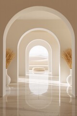 Minimalist architectural interior featuring a series of arched doorways leading to a desert landscape high quality