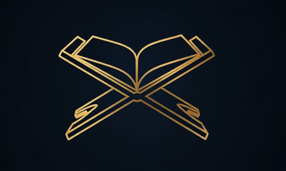 Golden open holy Quran book on a wooden stand. Islamic religious symbol isolated on black background.