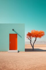 A minimalist landscape featuring a vibrant orange door and tree against a turquoise wall high quality
