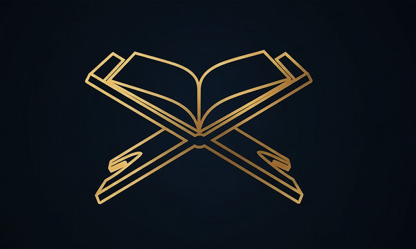 Golden open holy Quran book on a wooden stand. Islamic religious symbol isolated on black background.