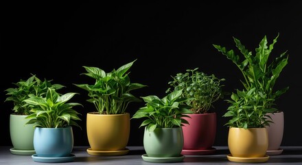 Fototapeta premium A collection of colorful ceramic flowerpots holding lush green house plants, suitable for modern home decor and indoor gardening projects ,vibrant ,gardening ,pot