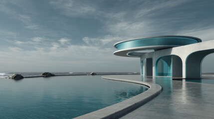 Modern futuristic water recycling architecture with curved concrete structure and infinity pool overlooking ocean under dramatic sky