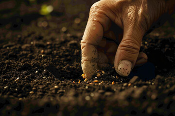 A close-up of a hand planting seeds into dark, rich soil, symbolizing growth and nurturing.