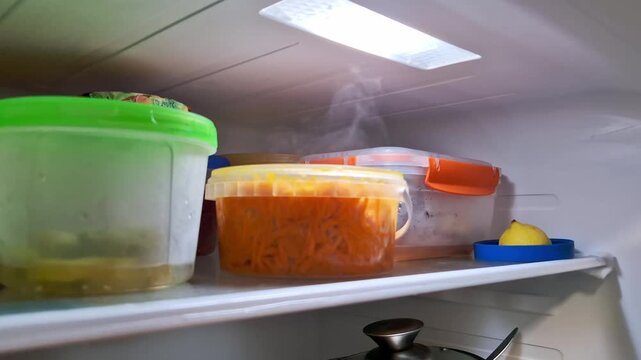 View from inside a refrigerator where cold vapor or steam rises from plastic containers with leftover food. A container of shredded carrots and a lemon are visible on the illuminated shelf.