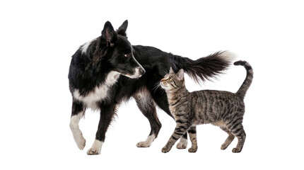 a black and white border collie dog and a tabby cat standing close together, looking at each other on a white background, studio photograph. © Jennafer