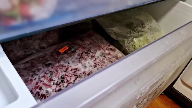 Static close-up shot of an open freezer drawer filled with vacuum-sealed bags of chopped, frozen vegetables. One bag contains a mix of red beets and herbs for making borscht soup later.