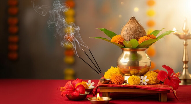 Chaitra Navratri Puja Setup with Brass Kalash and Flowers