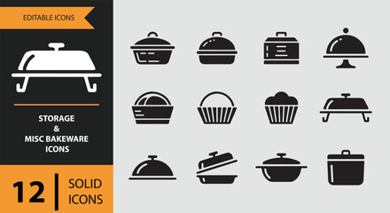 Storage and Misc Bakeware Icons solid icon set.Bakeware storage tool solid icons