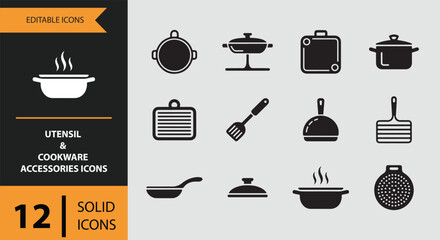 Utensil and Cookware Accessories Icons solid icon set.Cookware utensil accessory solid icons