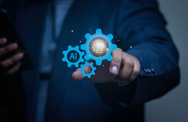 Businessman touching virtual gears mechanism connecting AI and human head icons. Concept of intelligent automation, human-AI collaboration, and hybrid workforce workflow.