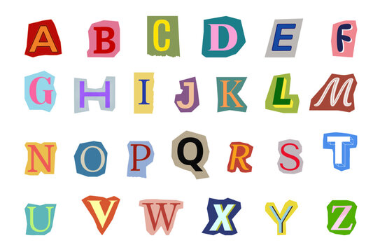 Magazine cutout collage vector alphabet. Anonymous font, color capital letters on cutout paper backgrounds
