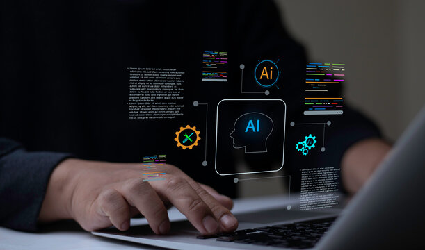 Programmer typing on laptop with AI coding assistant hologram displaying source code, gears, and AI head icon. Concept of software development, automation, and smart programming.