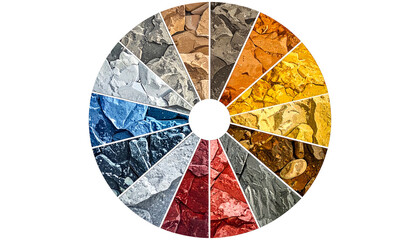 Circular arrangement of various textured stone samples, showcasing a wide range of colors