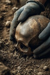 Obraz premium Gloved hands carefully lift a skull from dark, rich soil. Dramatic, mystery, history, and scientific exploration.