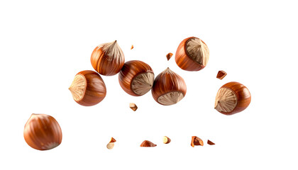 Levitation of shelled nuts, scattered around on a black background