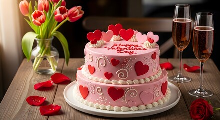 Naklejka premium A romantic Valentine's Day setup with a pink cake, champagne, and tulips on a wooden table