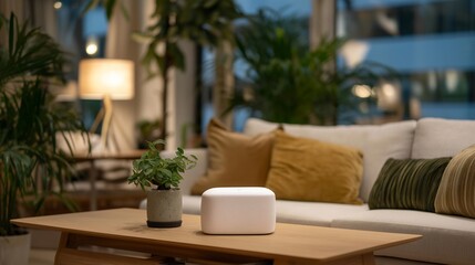 Fototapeta premium Sleek home automation devices enhancing everyday living, creating seamless connections for comfort and security in modern lifestyles. A cozy living room equipped with smart lighting and gadgets,