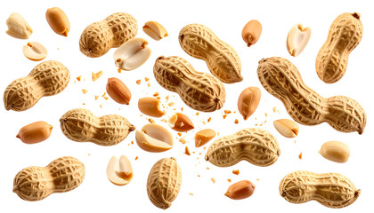 Roasted peanuts scattered on black, some in shell, some shelled, with fragments