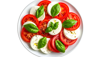Overhead view of a caprese salad on white plate with mozzarella, tomatoes & basil (1)