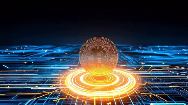 Digital Bitcoin coin on circuit board