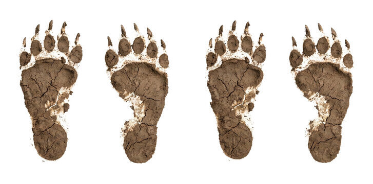 Four muddy bear paw prints on a, transparent background