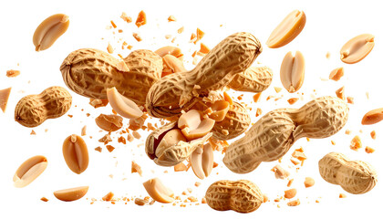 Floating peanuts, whole and shelled, with fragments, against a black background