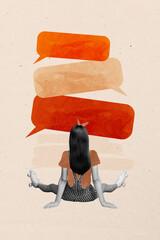 Banner 3d sketch image collage of anonym girl sit back wear roller-skates bubble communication speech dialogue chatterbox