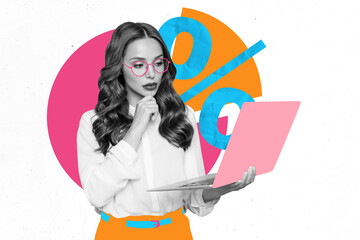 Trend composite sketch template 3D photo collage of young lady hold laptop think percent inflation...