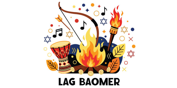 Lag BaOmer Jewish Holiday Illustration with Bonfire Bow and Arrow Drum Torch and Star of David Symbols