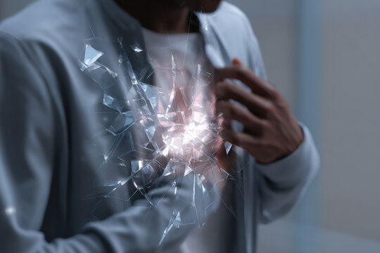 An abstract representation of emotional turmoil, showing a person's chest exploding with light and shards, symbolizing internal struggle and the breaking of inner barriers.
