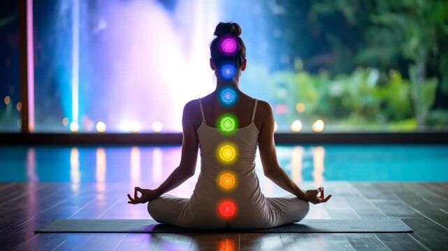 Person meditating with illuminated chakras in serene indoor setting with water feature