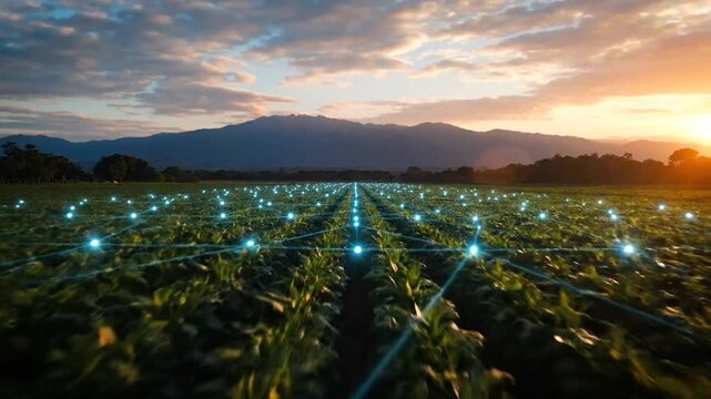 A cornfield with glowing nodes and connected lines under a sunset sky. Mountains in the distance