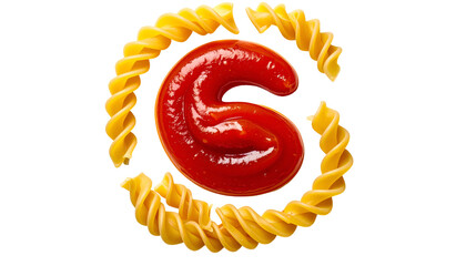Tomato sauce shaped like the letter "G" encircled by spiral pasta