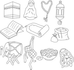 Obraz premium Islamic Ramadan Symbols Hand Drawn Outline Vector Set