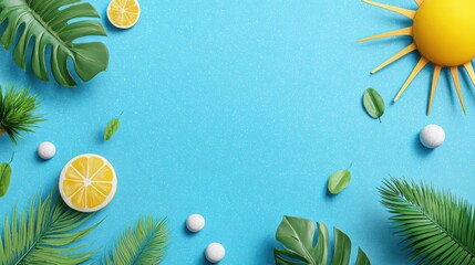 Summer Sale Poster or Banner template featuring a tropical beach scene with sun and party elements.Product display,Tropical summer scene, Perfect for promoting your summer products on blue background